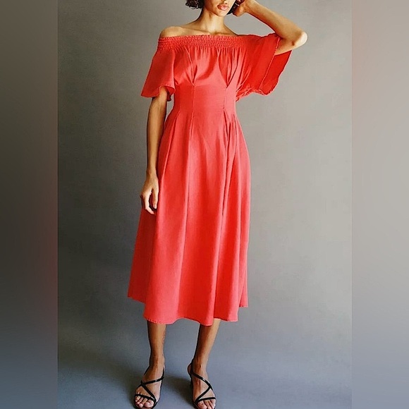 Zara Flowy Flutter Sleeve Linen Blend Midi Knee Length Dress, Coral Red, Size L - Picture 2 of 11